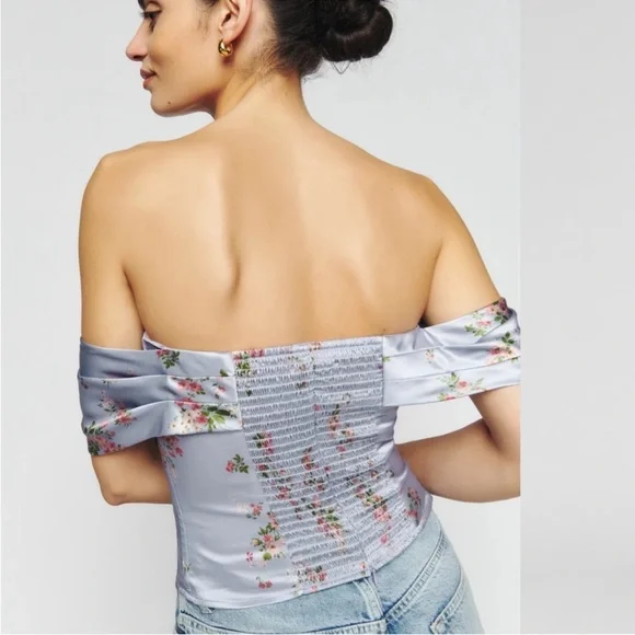 NWT Reformation Lux silk top Off the Shoulder silk corset top blue floral - Picture 3 of 13